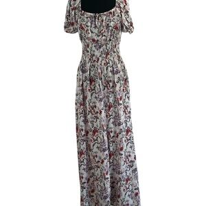 Floral Smocked Waist Maxi Dress in White with Red & Purple Flowers Prairie